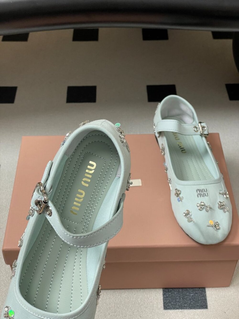Miu Miu Light Blue Rhinestone-Embellished Mary Jane Ballet Flats - Picture 5 of 9
